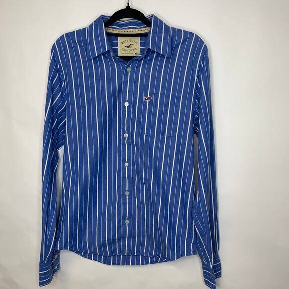 Hollister Blue White Stripe Button Up Shirt Sz Medium - Picture 1 of 5
